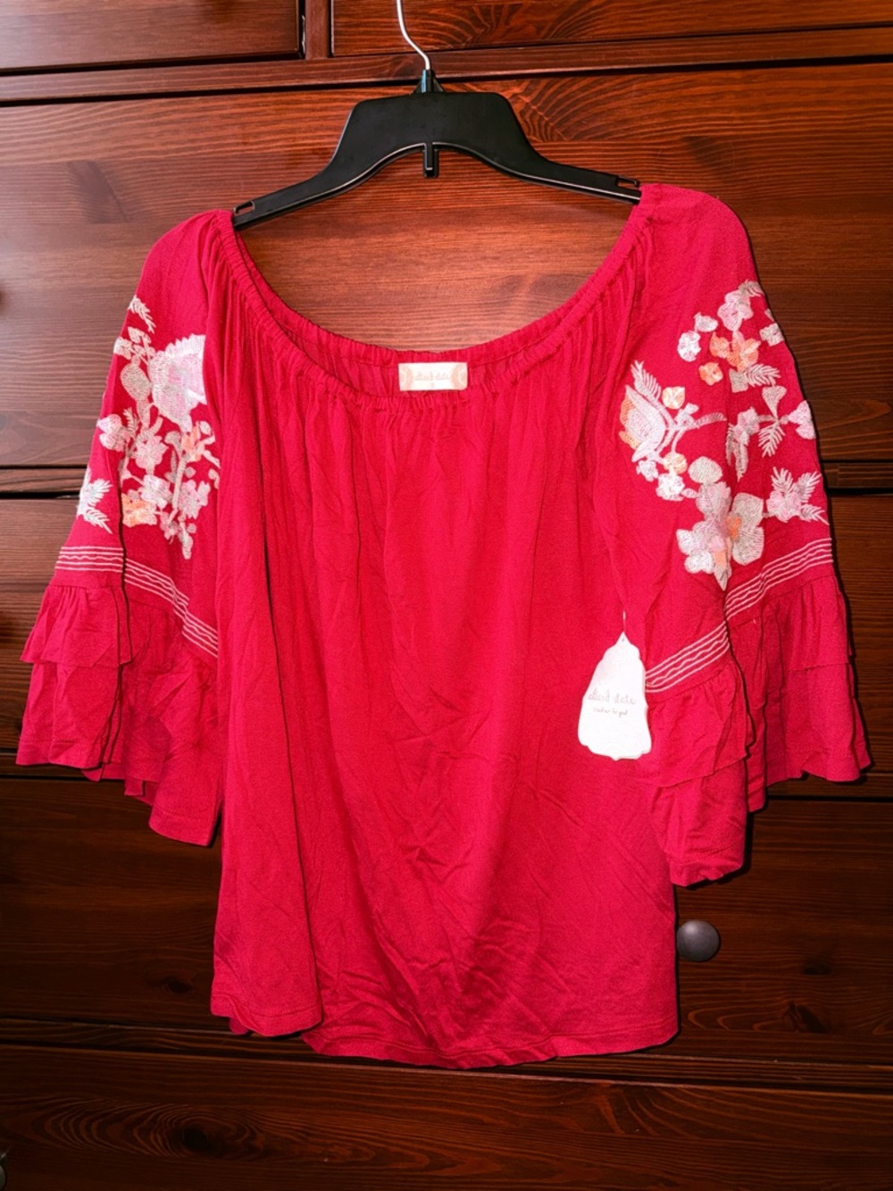 NWT Altar'd State Embroidered Floral Flutter Sleeve Blouse - Ski Patrol Red